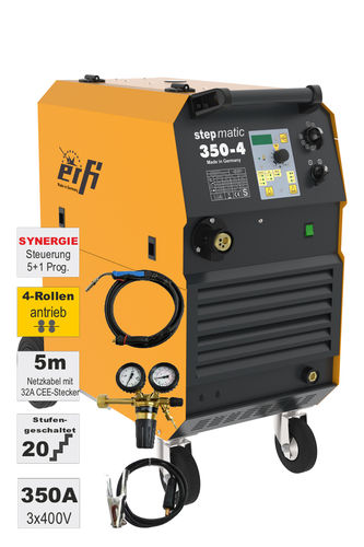 Erfi MIG-MAG Schweißgerät stepmatic 350-4, mit Schlauchpaket 4m, Massekabel, Druckminderer