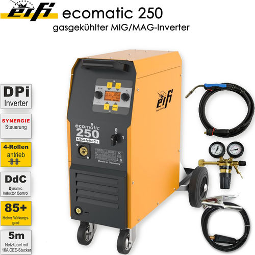 Erfi ecomatic 250, MIG/MAG-Schweißinverter, mit Schlauchpaket 4m, Massekabel, Druckminderer