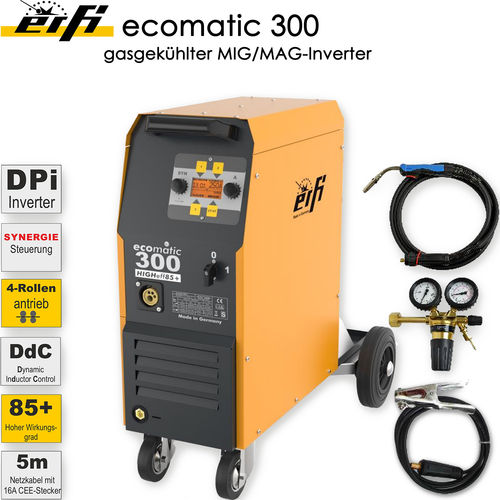 Erfi ecomatic 300, MIG/MAG-Schweißinverter, mit Schlauchpaket 4m, Massekabel, Druckminderer