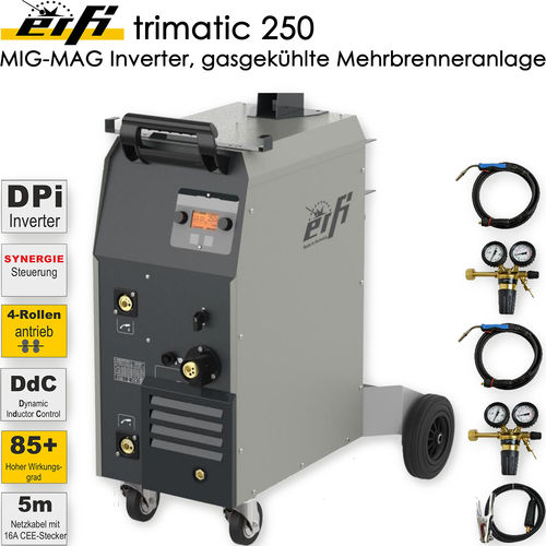 Erfi trimatic 250 Multibrenner, MIG-MAG Schweißinverter, mit 2 Brenner, 2 Druckmindere u. Massekabel